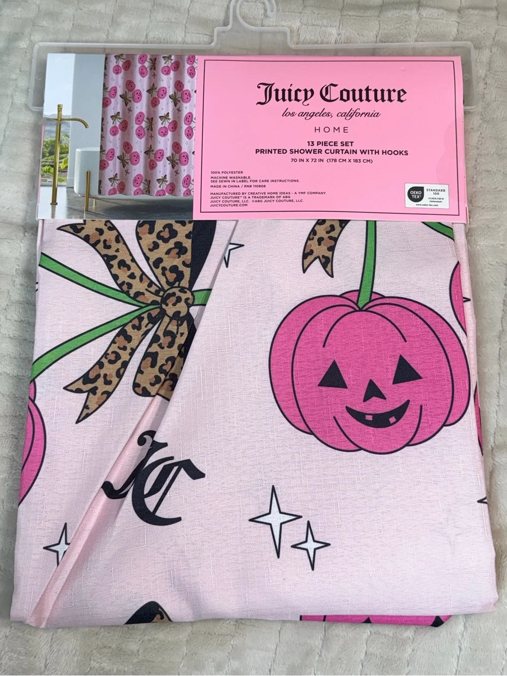 Juicy Couture Pinkoween Pumpkin Leopard Bow Shower Curtain Y2K Halloween NWT